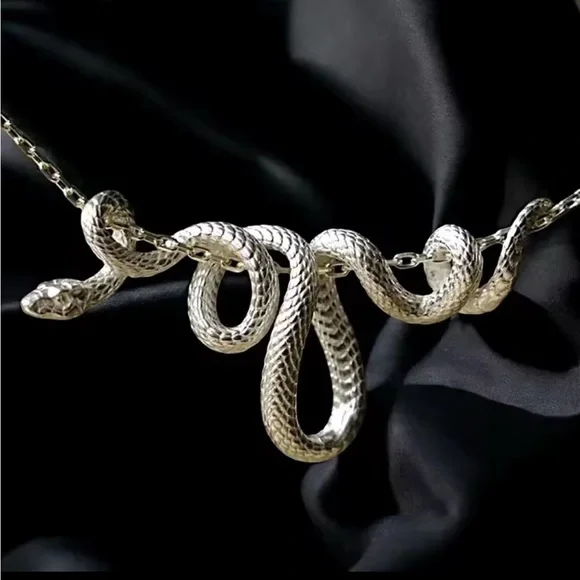 Silver Coiled Hanging Serpent Snake Pendant Gothic Biker Punk Necklace - Picture 2 of 7
